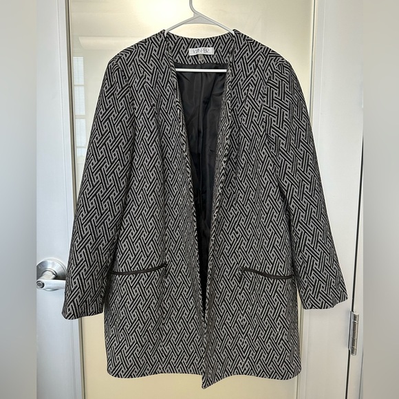 Kasper Knit Chevron Cardigan Open Front Long Jacket Black White Lined EUC XL - Picture 1 of 5